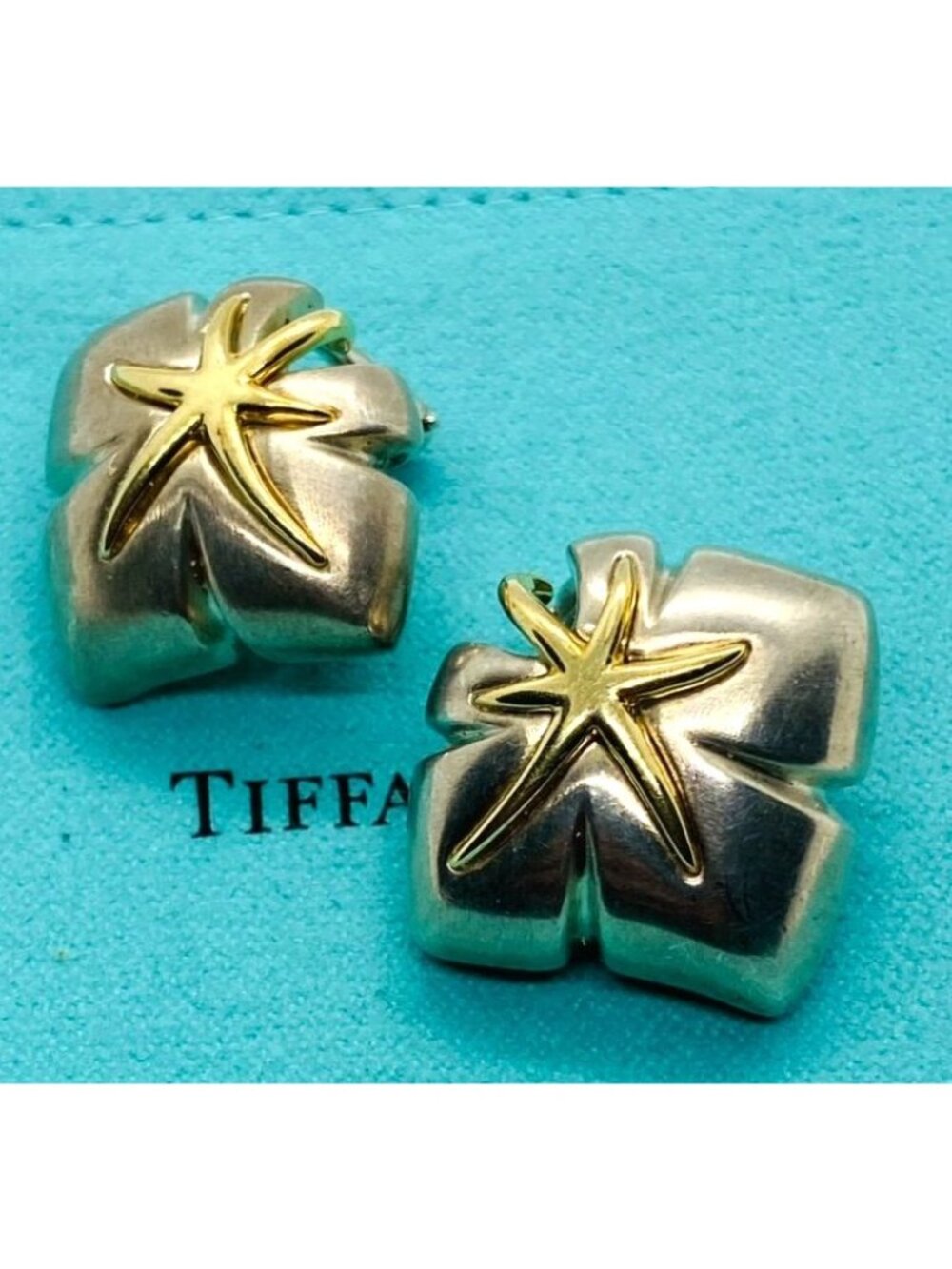 Tiffany & Co. 1991 Ivy Sterling 18k Yellow Gold Starfish Leaf Clip On Post Earri